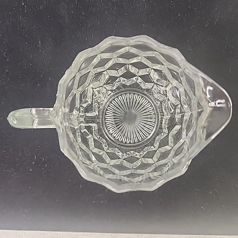 Cream & Sugar Bowl Glass Geometric Pattern Scalloped Rims Sunburst Bottoms VTG